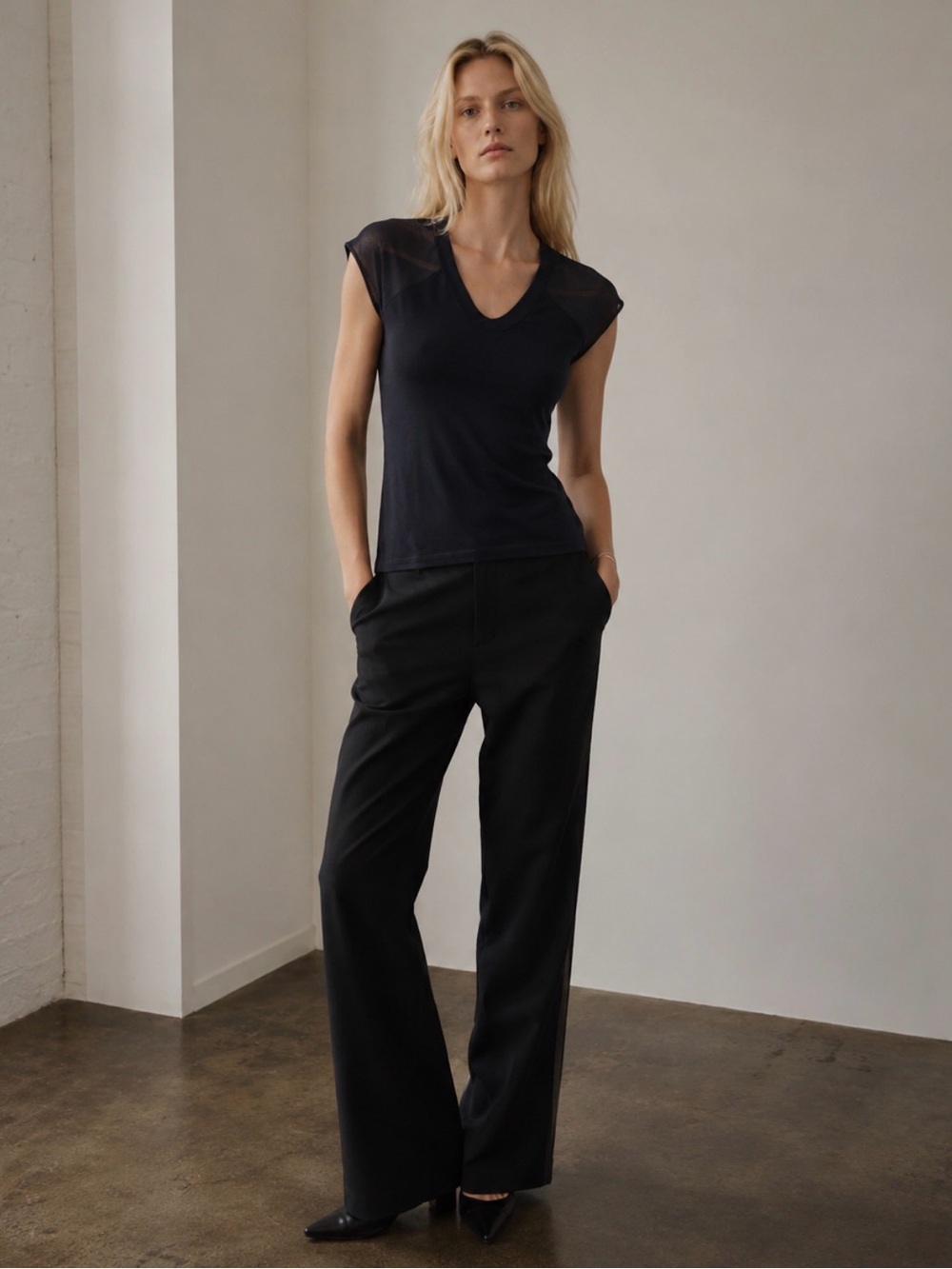 Karen Millen Black V Neck Top With Mesh Shoulders Size 6 Perfect Condition.